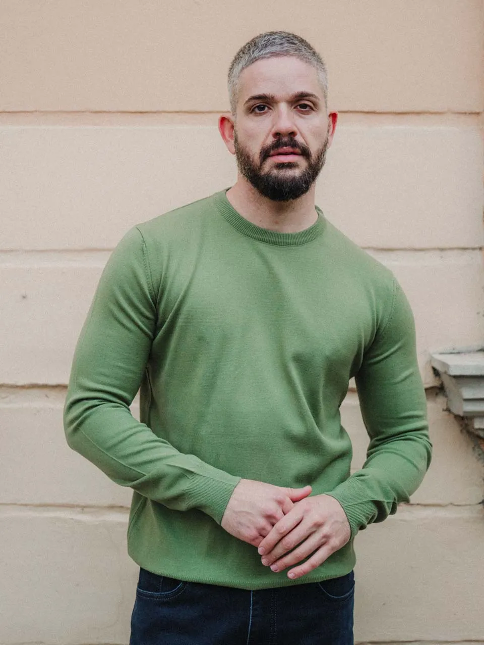 Масленозелен памучен мъжки пуловер тънък DJRC53
